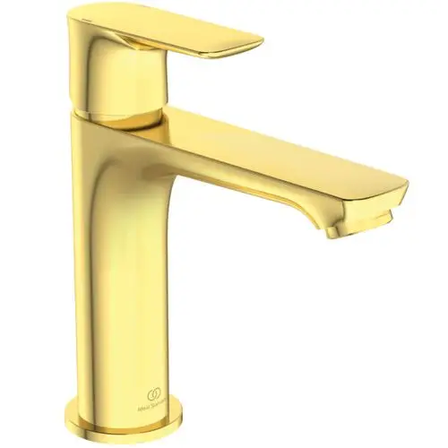 Ein goldfarbener Wasserhahn von Ideal Standard mit flacher Griffkante und einer schmalen Auslauföffnung.